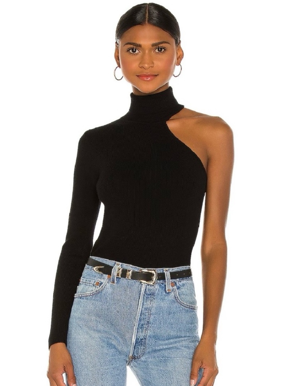 NEW BARDOT REVOLVE BLACK ONE-SHOULDER RIBBED TOP